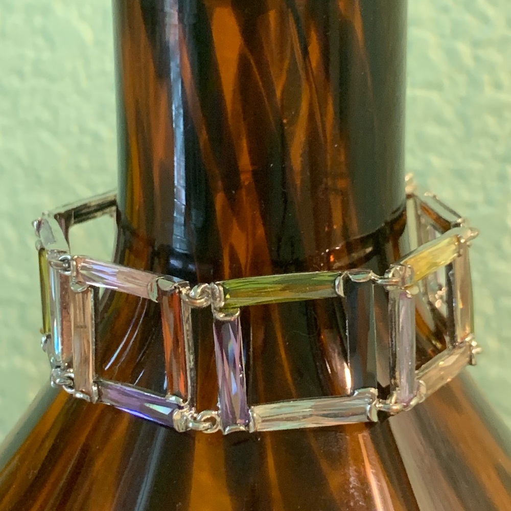 Silver-tone Iridescent Rectangular Stone Bracelet - Multi-Color